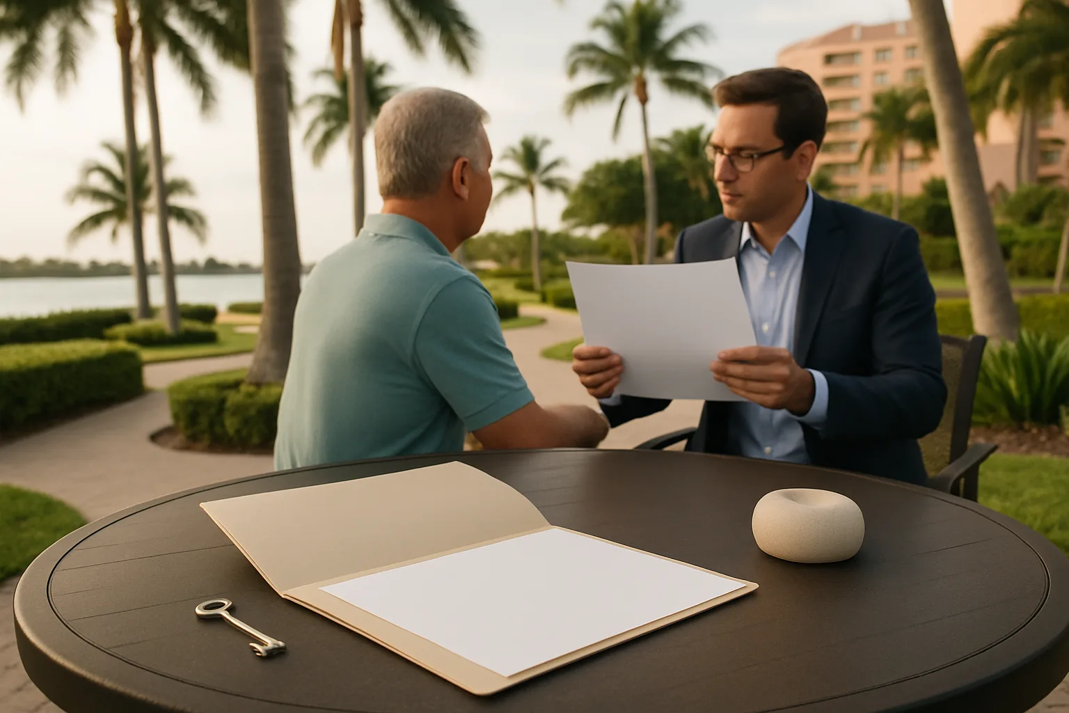 Florida timeshare deed-back discussion in a Boca Raton resort setting