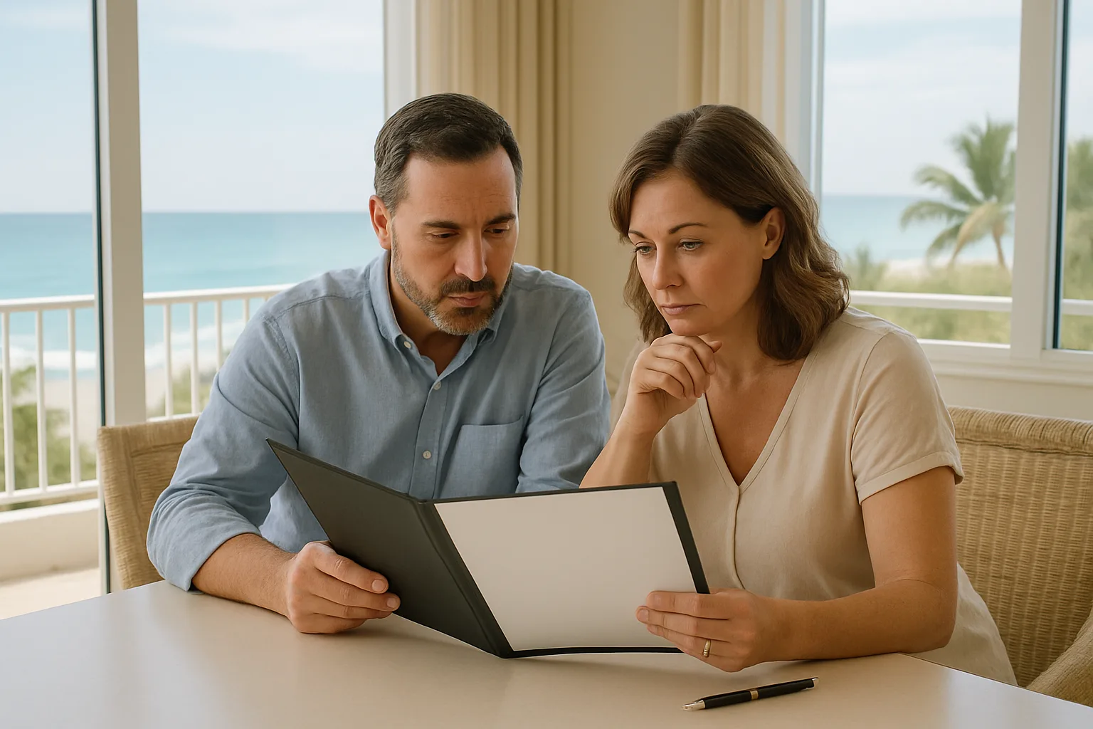 Timeshare contract one spouse signed Florida review with a couple at a coastal table