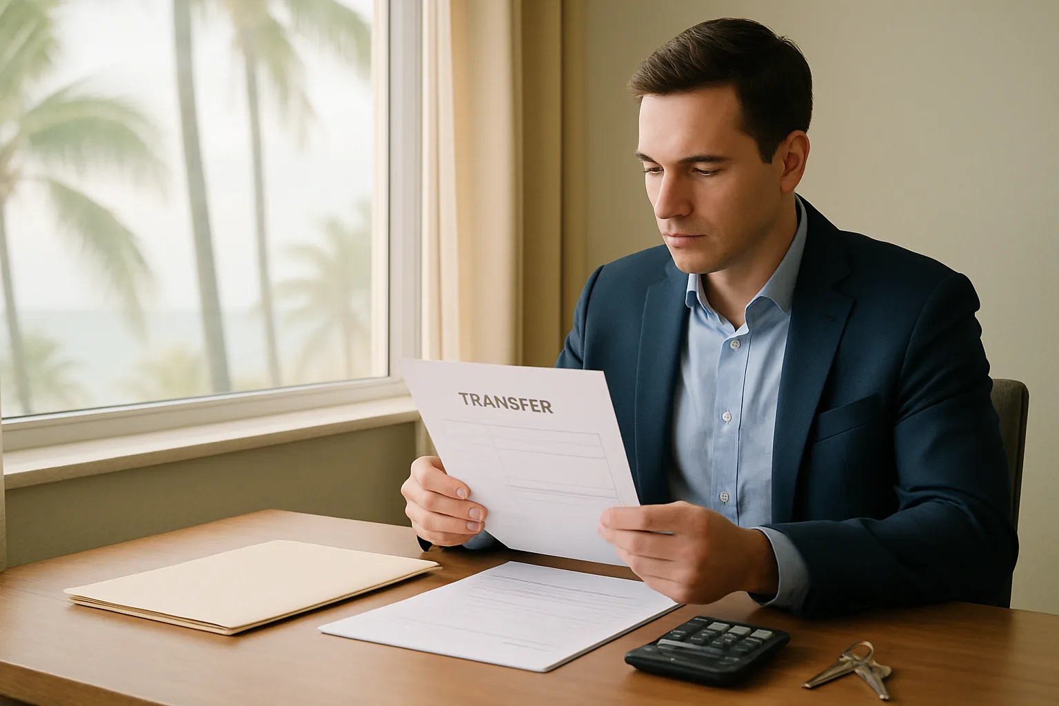 Florida timeshare transfer fees and taxes documents reviewed in a Boca Raton workspace