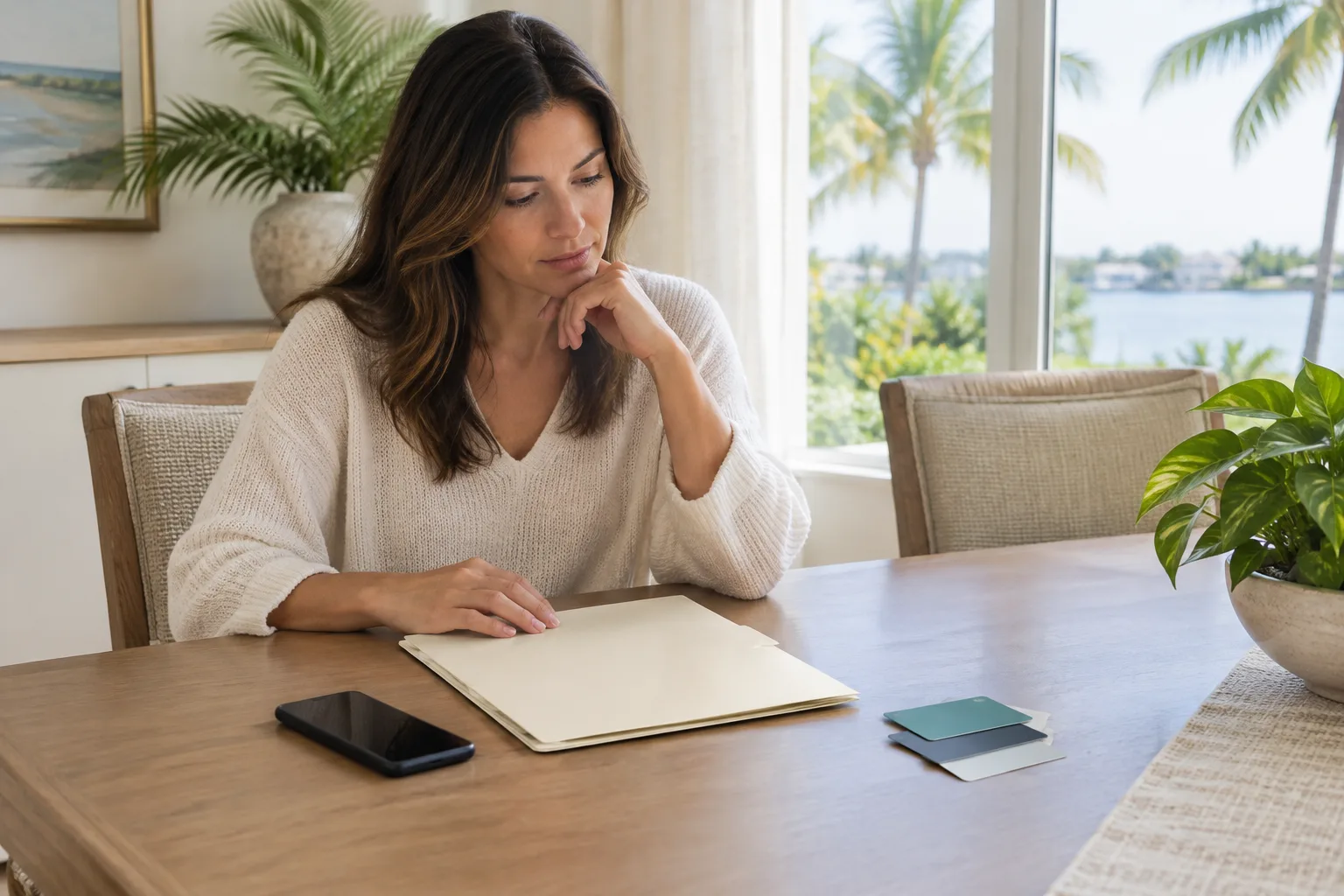 Florida timeshare exit company stopped responding as an owner organizes records in a Boca Raton home