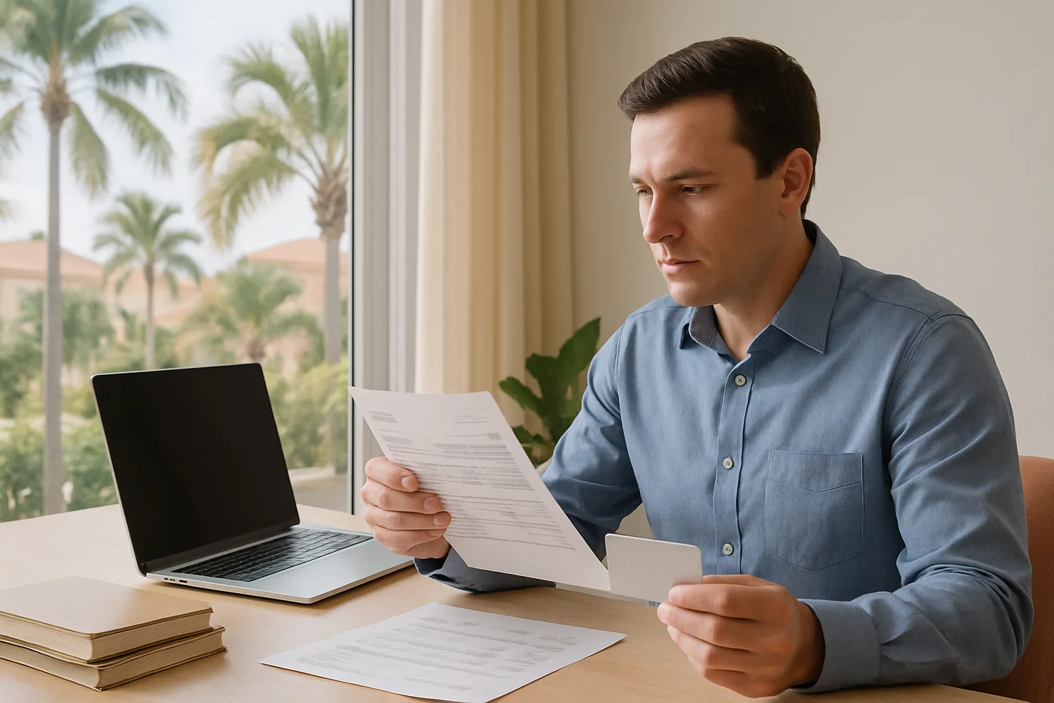 Florida timeshare owner reviewing automatic payment records at a Boca Raton workspace